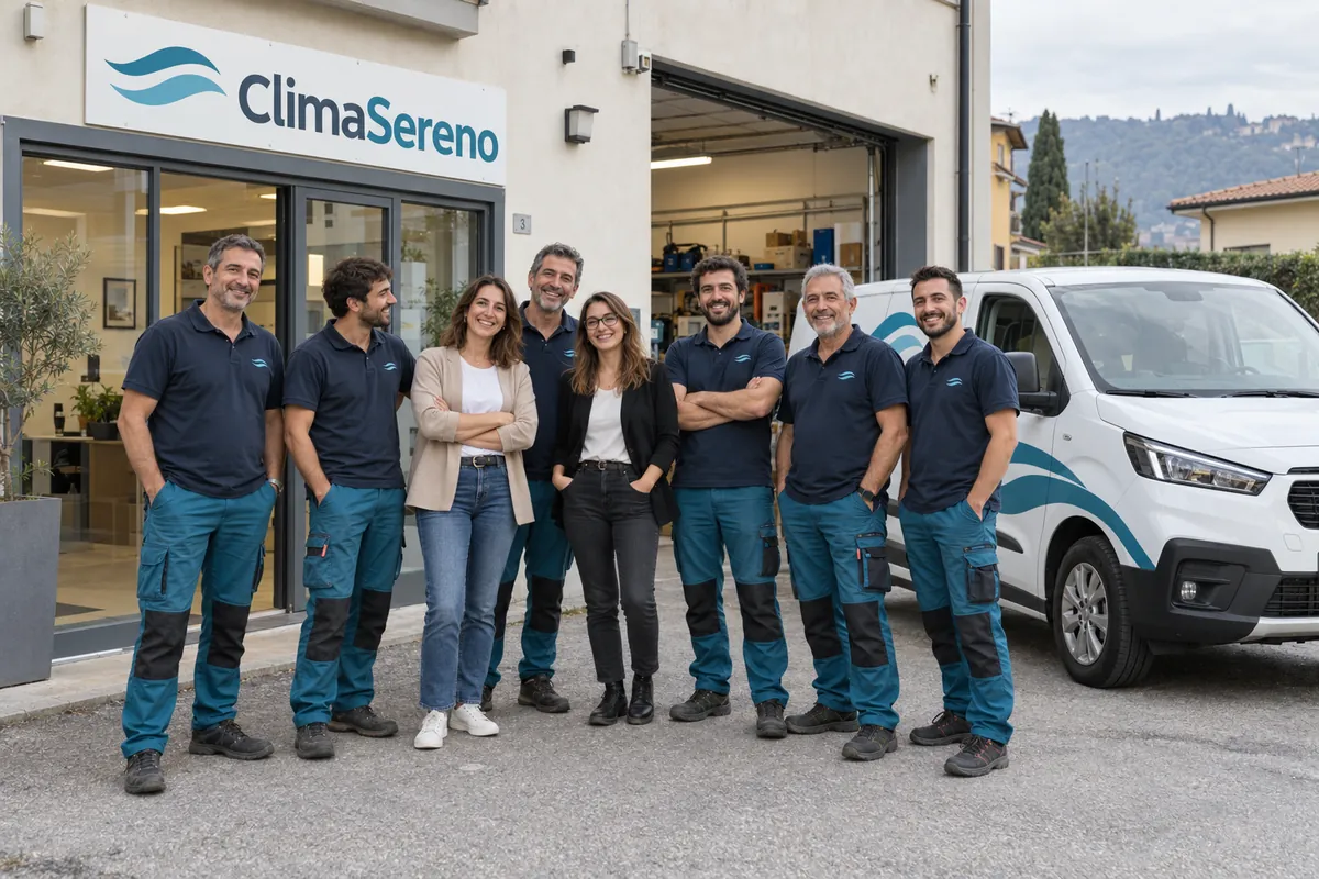 La squadra ClimaSereno davanti alla sede, accanto al furgone dei tecnici